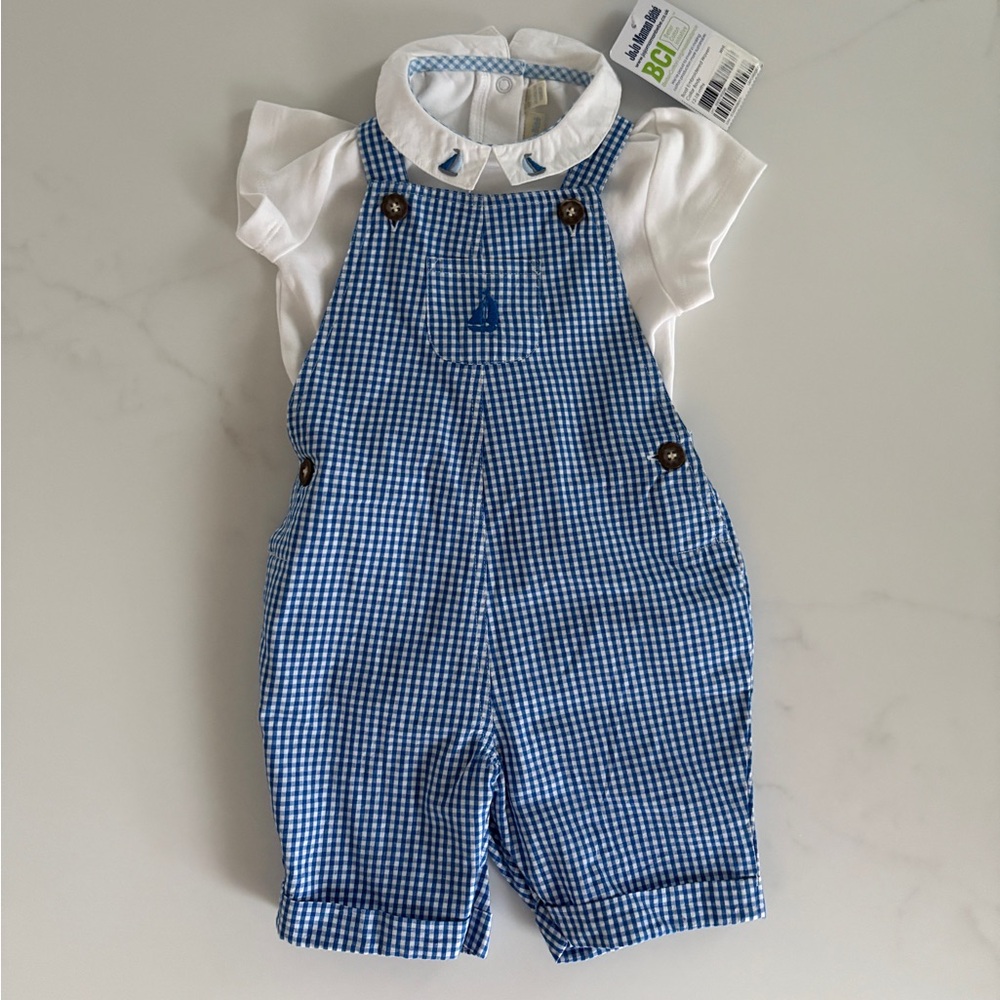 Navy Sailboat Collar Embroidered Dungarees & Body Set 12-18 MO